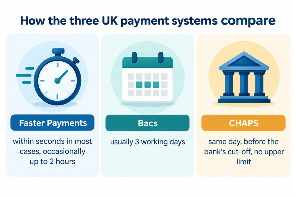 diagram showing the three payment systems side by side by speed and typical use