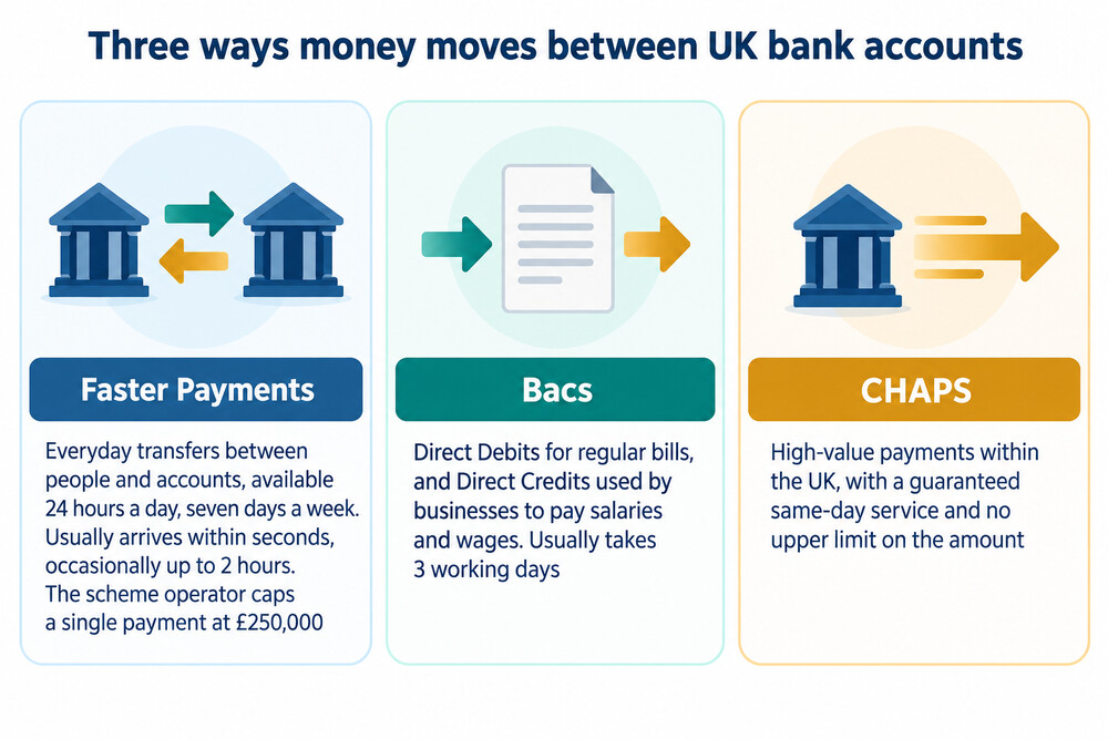 A simple diagram showing three routes between two bank accounts, labelled Faster Payments, Bacs and CHAPS