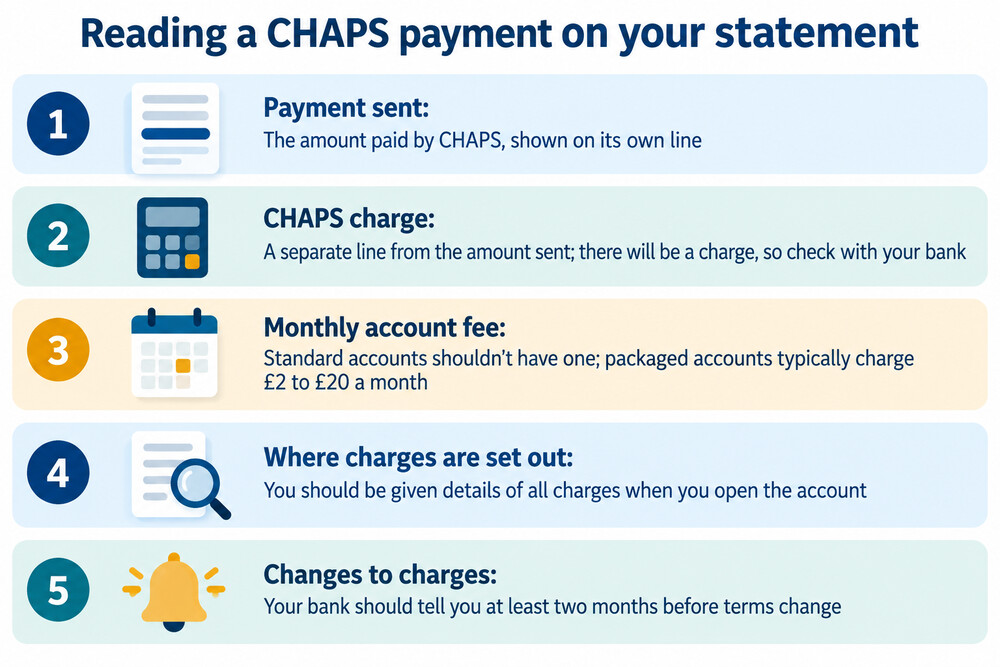 A bank statement line showing a CHAPS payment fee deducted from an account