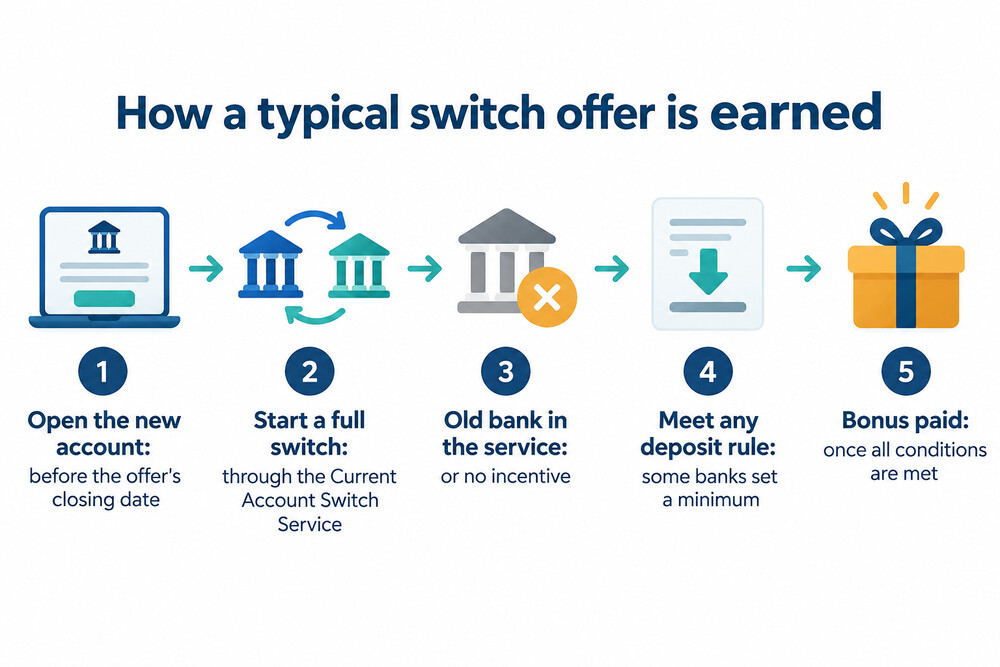 A timeline showing a switch offer from opening the account to the bonus being paid