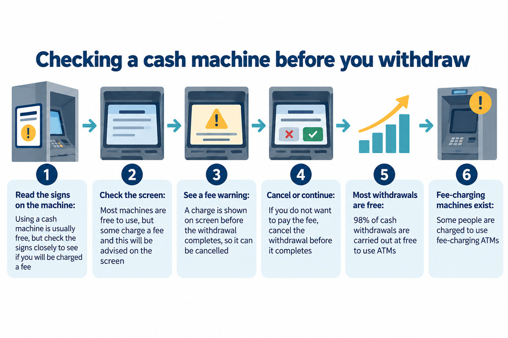 A cash machine screen showing a fee warning before a withdrawal is confirmed