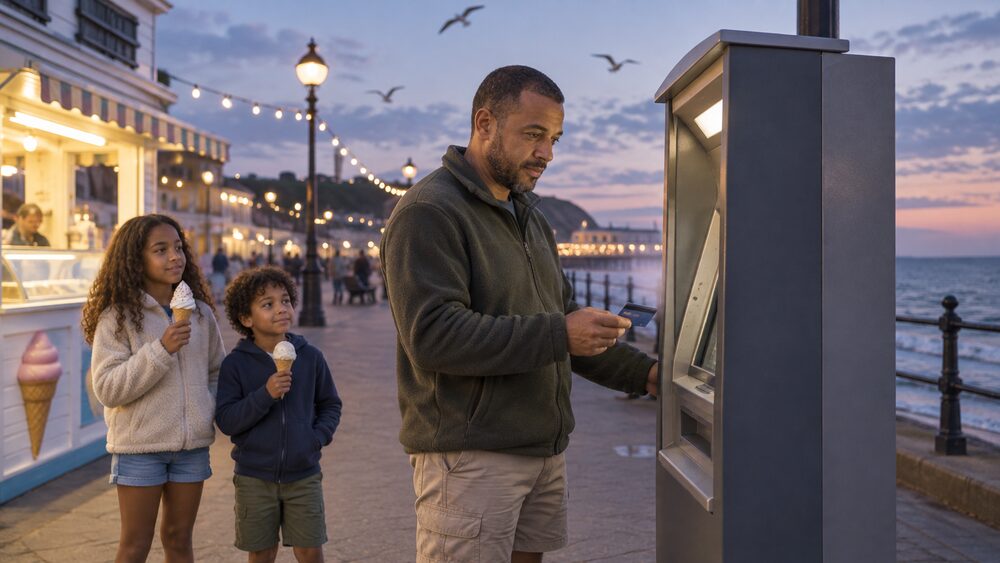 A father uses a cash machine on a seaside promenade while his children wait by a kiosk.