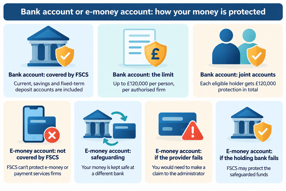 A side-by-side illustration showing FSCS protection for bank deposits on one side and safeguarding for e-money accounts on the other