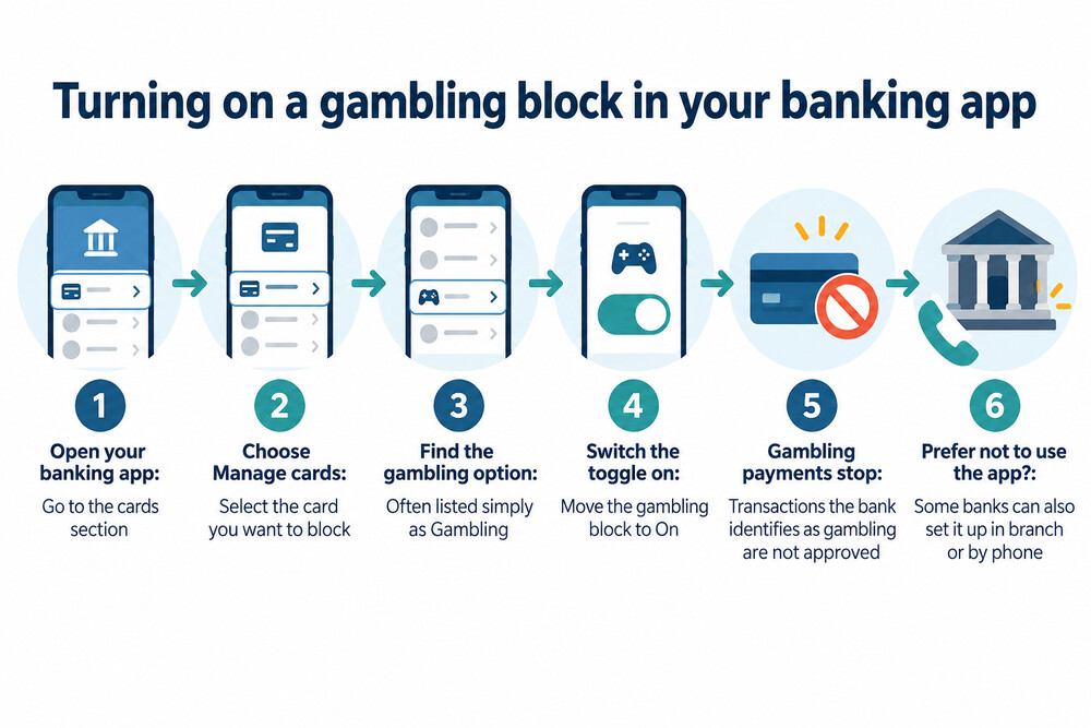 A phone screen showing a banking app with a gambling block toggle switched on