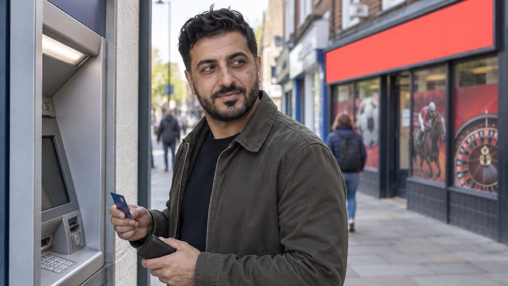 A man at a cash machine holds his card and turns away near a betting shop on a high street.