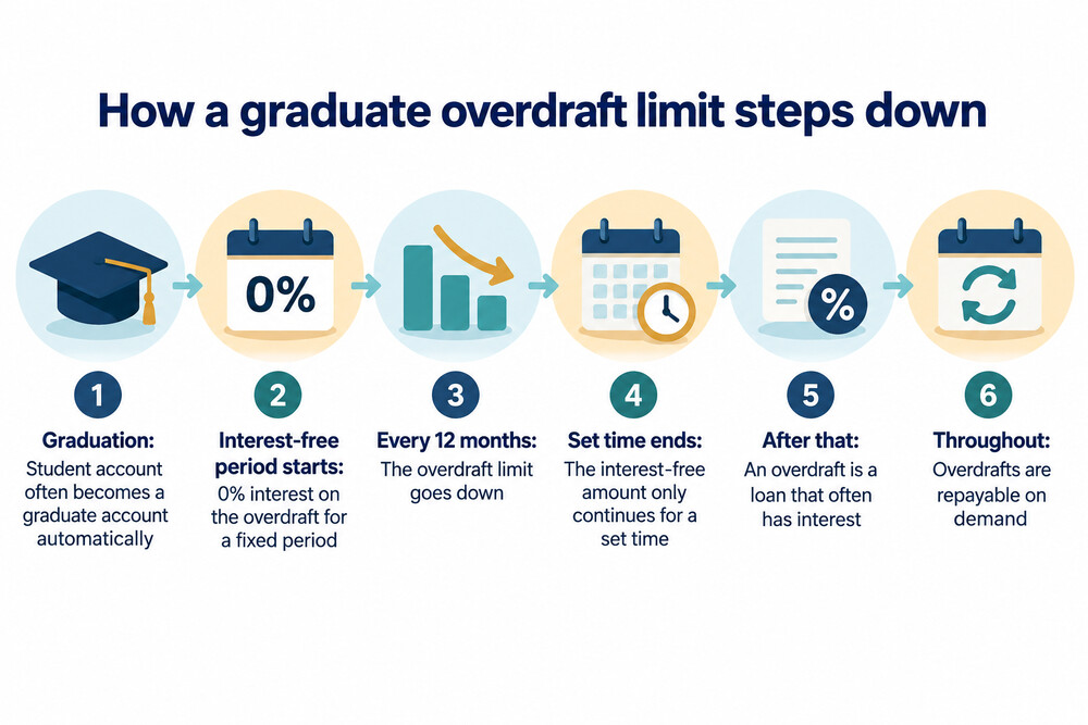 A chart showing an interest-free overdraft limit falling in steps over the three years after graduation