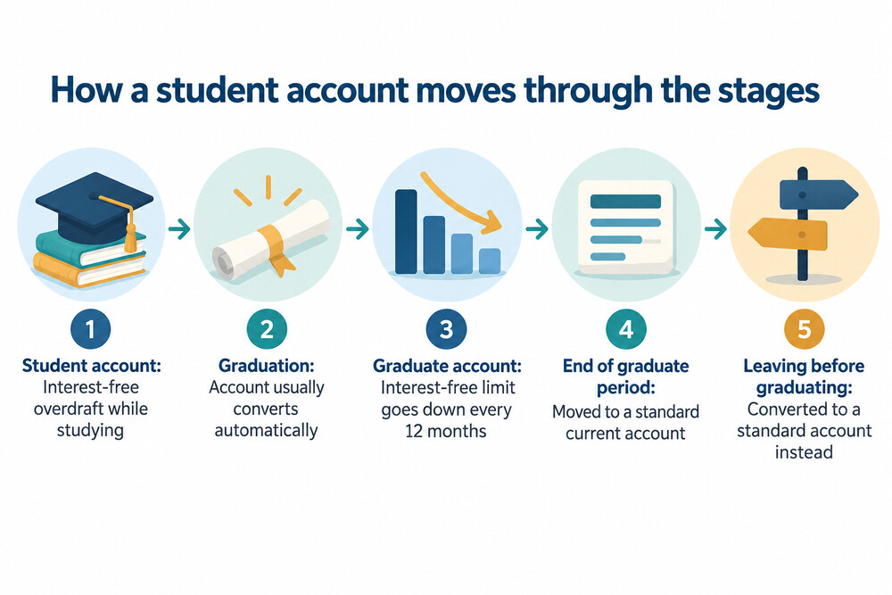 A flow diagram showing a student account turning into a graduate account and then a standard current account