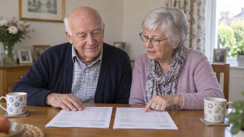 An older couple sit at a dining table with two bank statements, discussing them calmly.