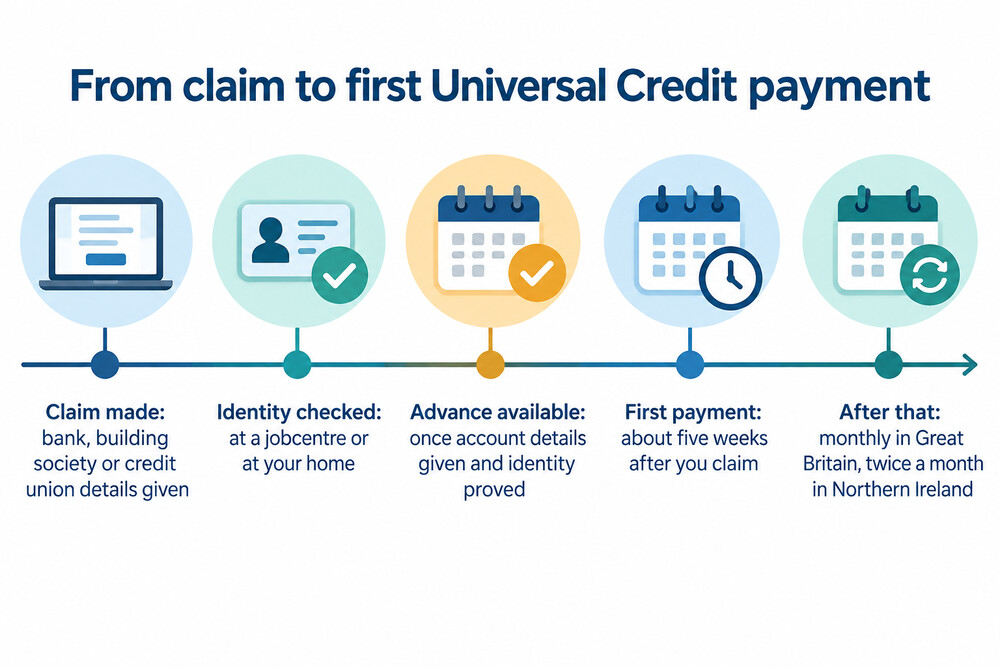 A timeline from claim to identity check to first Universal Credit payment