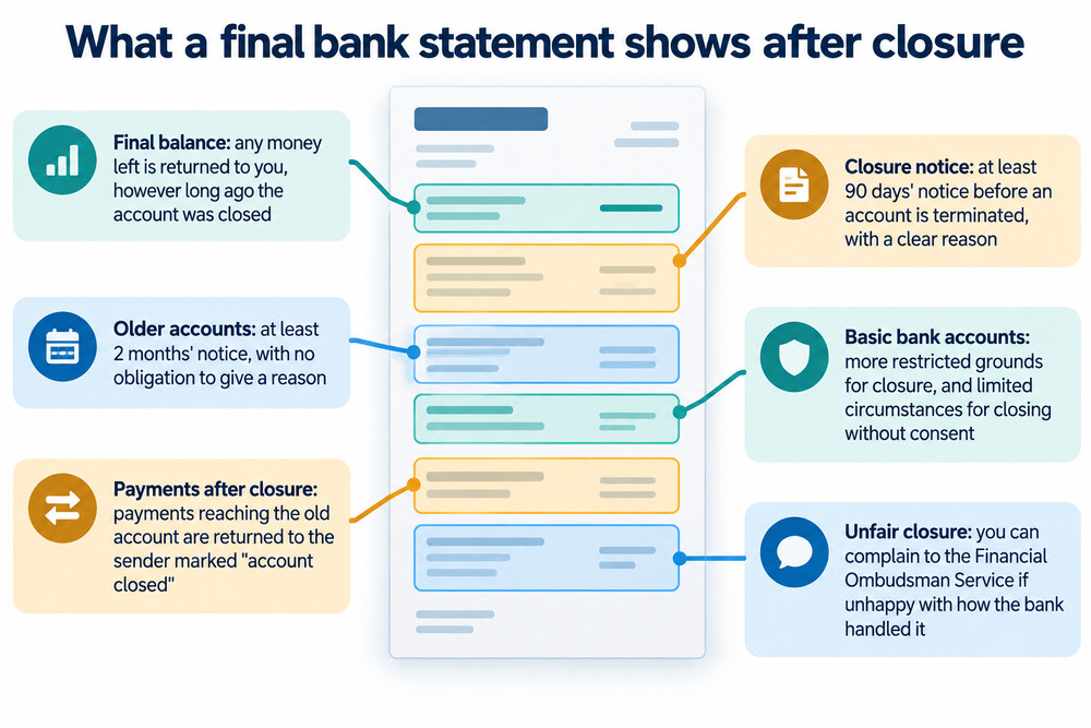 A bank statement showing a final balance and a closure notice