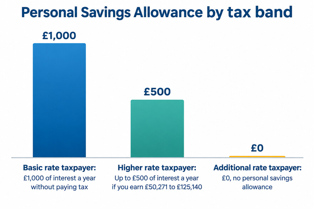 A simple chart showing the three tax bands and the savings interest allowance each one receives