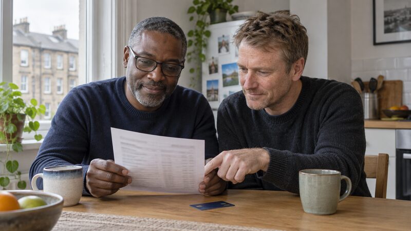 Two men sit at a kitchen table reviewing a bank statement, with a debit card between them.