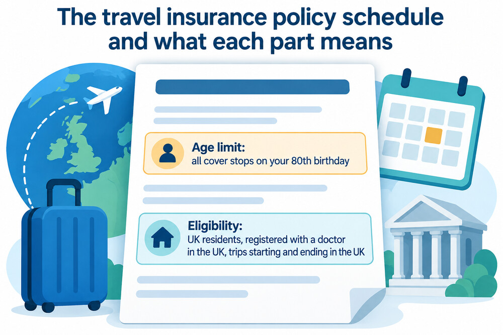 A page from a travel insurance policy schedule showing the cover limits for medical, disruption and baggage