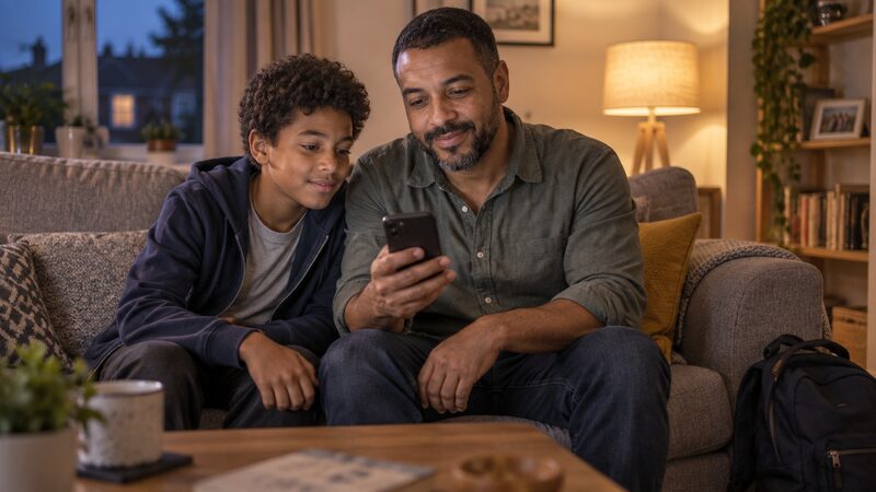 A father and child sit on a sofa looking at a smartphone together.