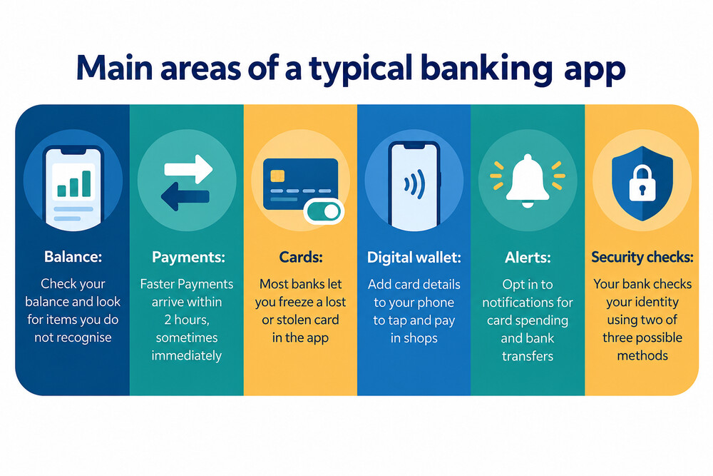 A phone showing a banking app home screen with balance, recent payments and card controls