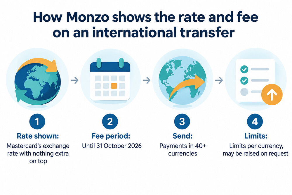 A currency converter screen showing an exchange rate and the fee added to a transfer