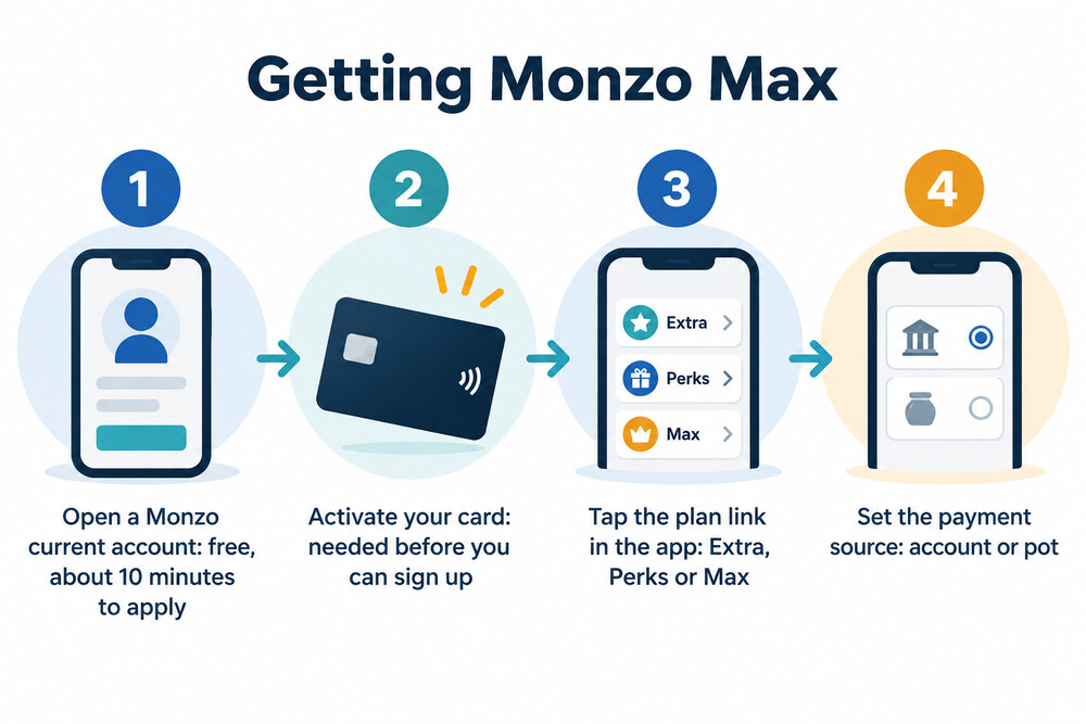 A diagram showing the steps from opening a Monzo account to activating Max in the app
