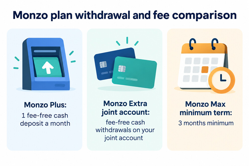 A table from the Monzo app showing the fee-free withdrawal allowance for each plan