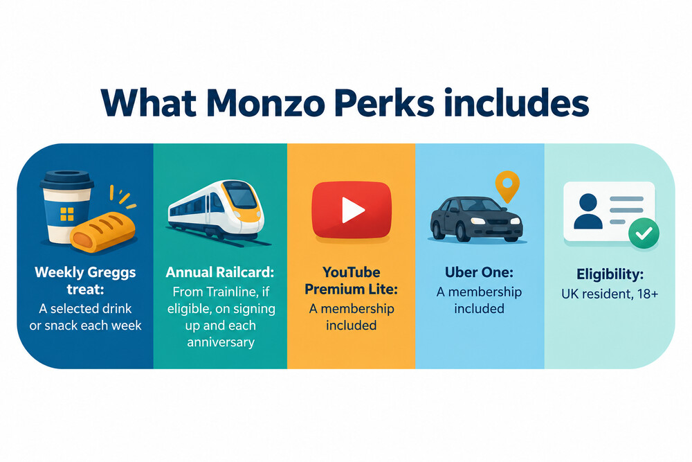 A phone screen showing the Monzo app plan page with the Perks benefits listed