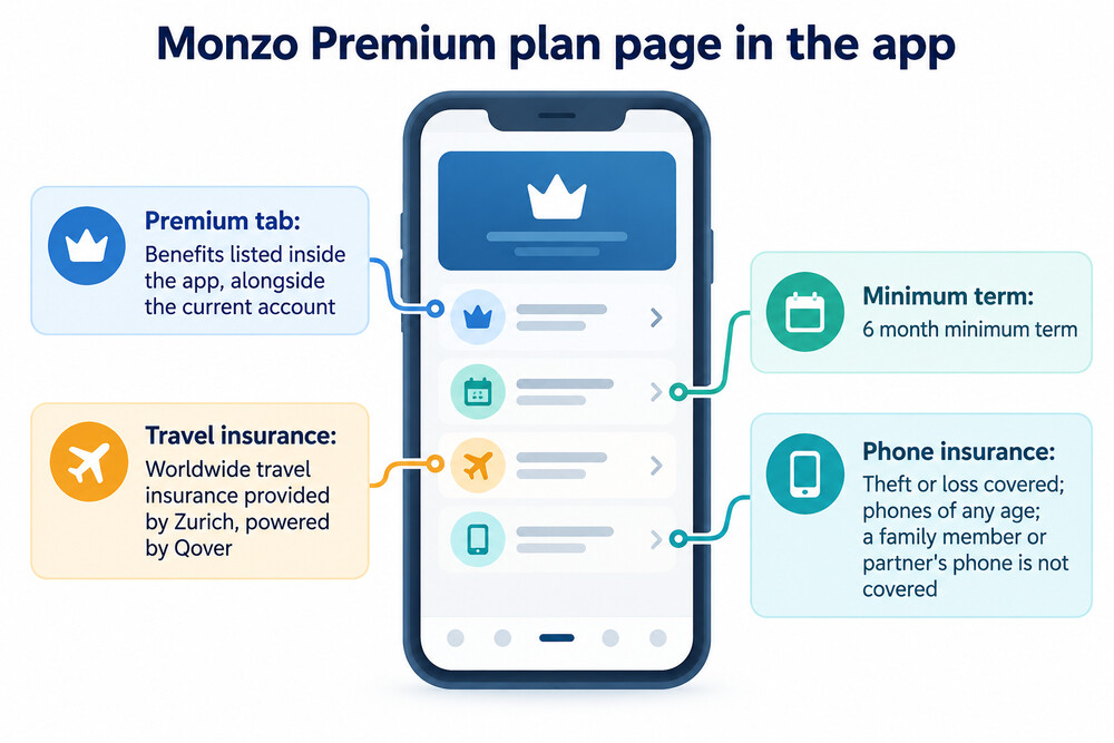 A phone screen showing a Monzo plan page with the Premium tab and its benefits listed