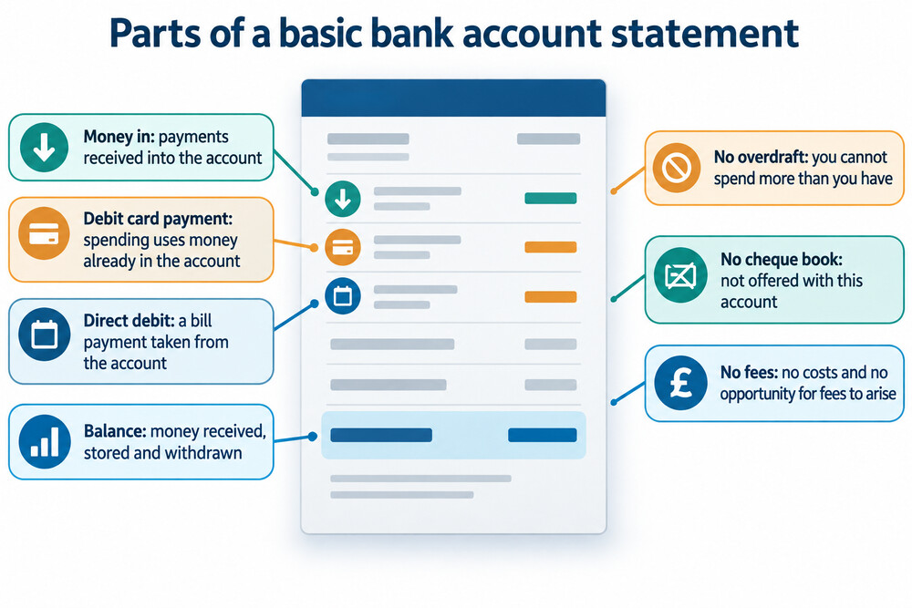 A basic bank account statement showing a debit card payment, a direct debit and a balance with no overdraft facility