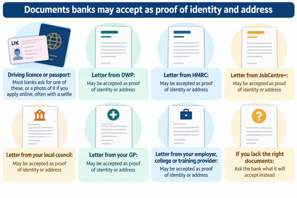 A list of documents a bank may accept as proof of identity and address