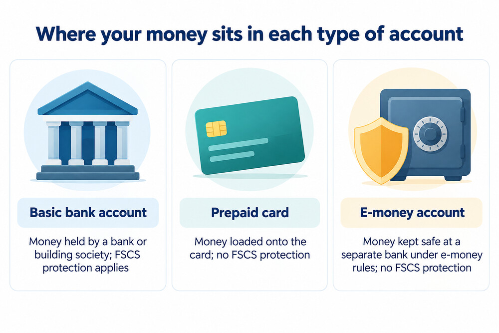 How money moves through a basic bank account, a prepaid card and an e-money account