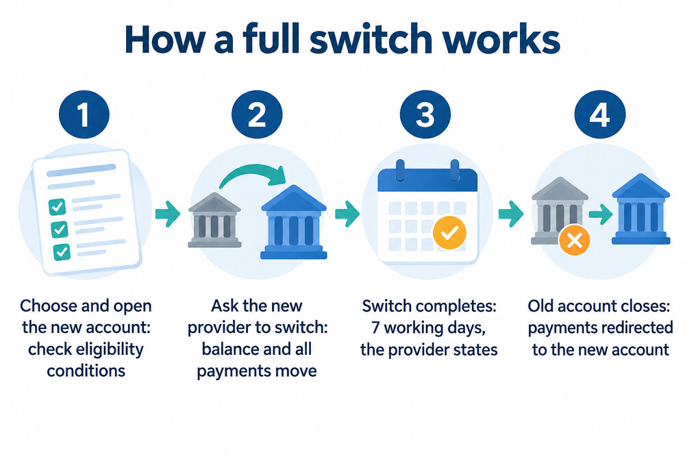 How a current account switch moves money and payments from the old bank to the new one