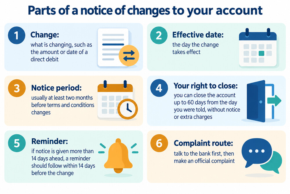 A letter from a bank headed "Notice of changes to your account", with the effective date circled