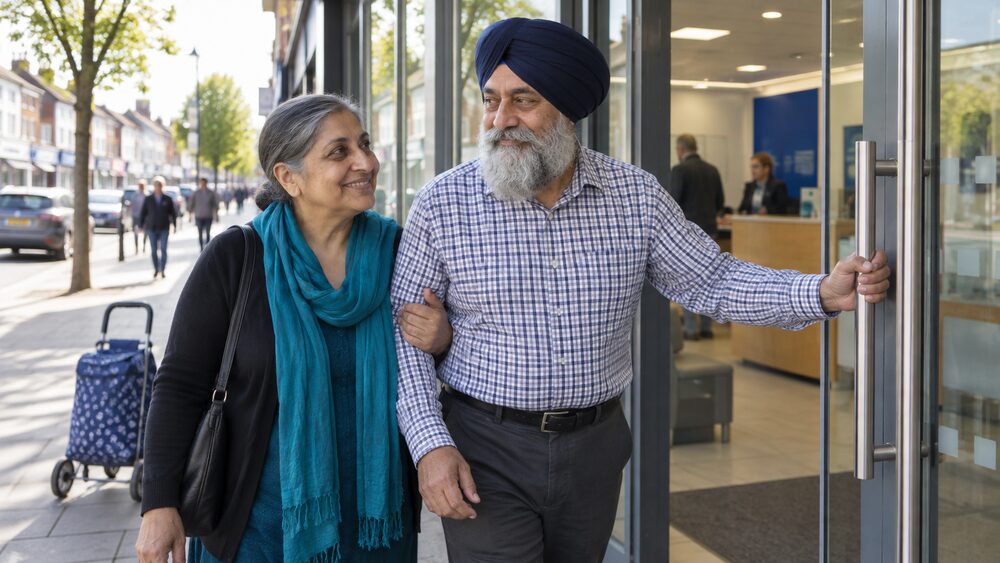 An older couple walk arm in arm towards a building society branch, one holding the door.