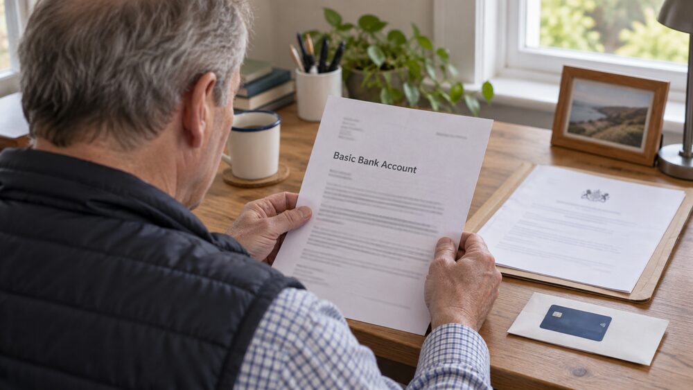 A man stands at a bank branch door holding a folder while a support worker waits behind.