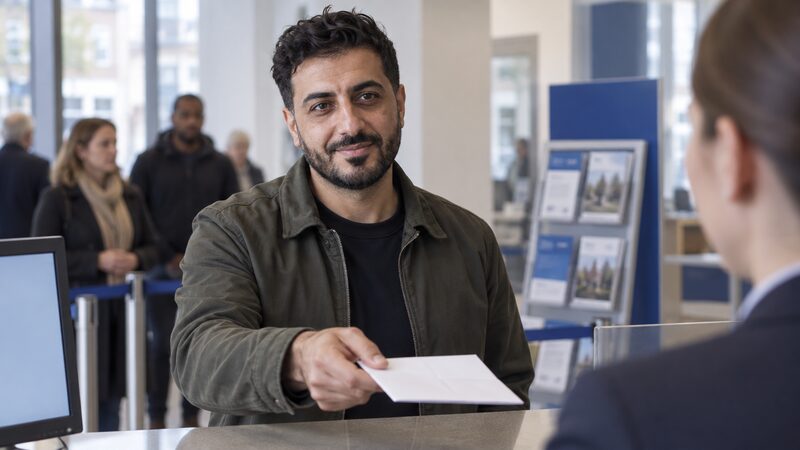 A man stands at a bank counter handing a folded letter to a staff member.