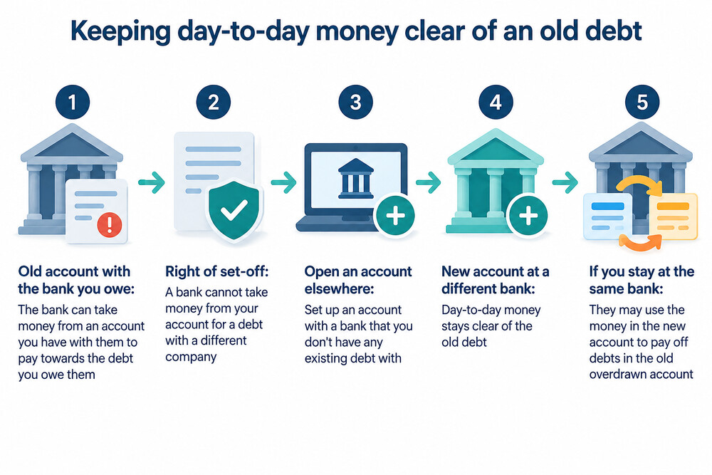 Two accounts at different banks, with an arrow showing money staying clear of the old debt
