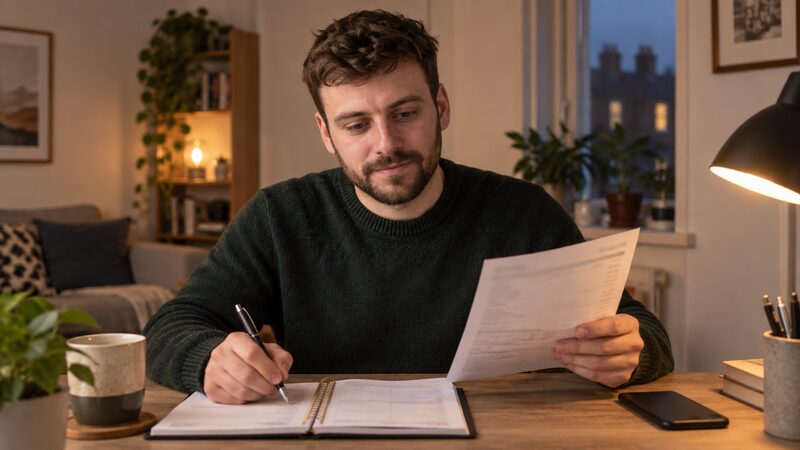 A man sits at a desk holding a bank statement and writing in a budget planner.
