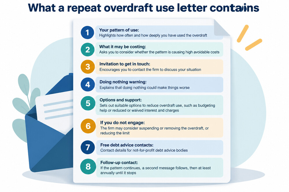 A bank letter to a customer about repeated overdraft use, showing the pattern of use and options for support