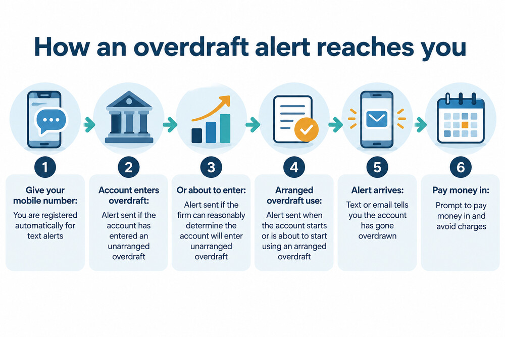 A phone screen showing a bank text alert warning that an account has gone into an unarranged overdraft
