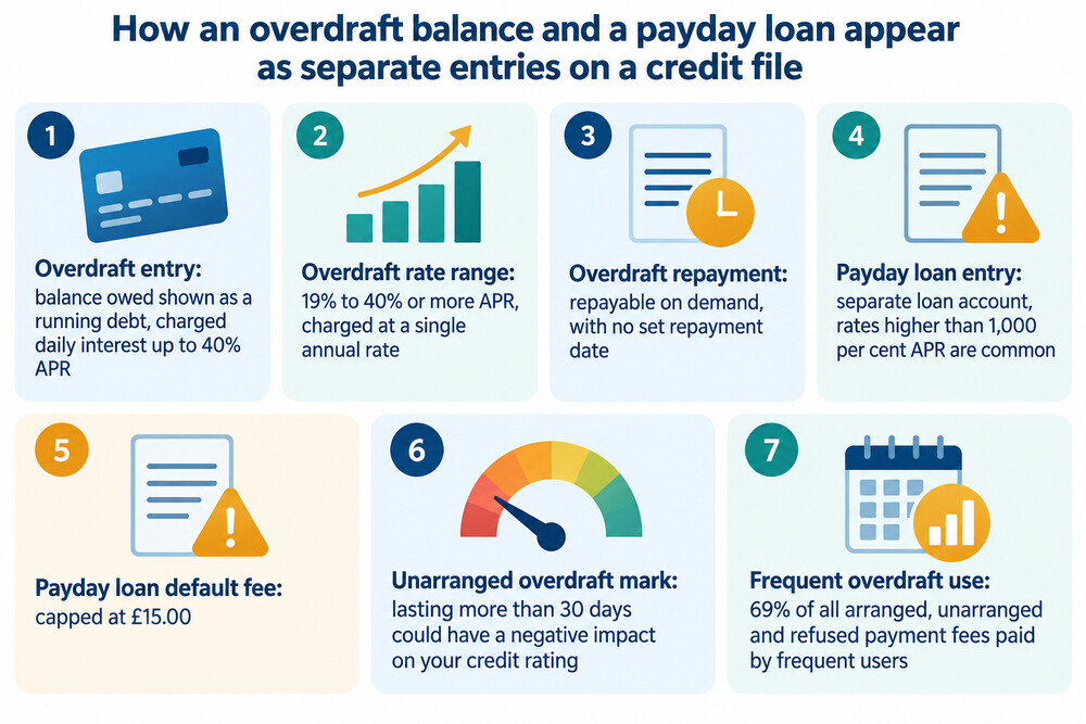 A credit report extract showing an overdraft balance and a payday loan entry side by side