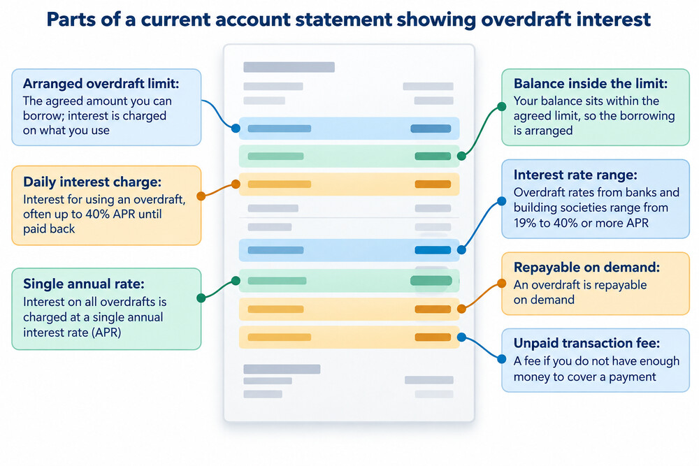 A current account statement showing an arranged overdraft limit, daily interest charges and a balance sitting inside the limit