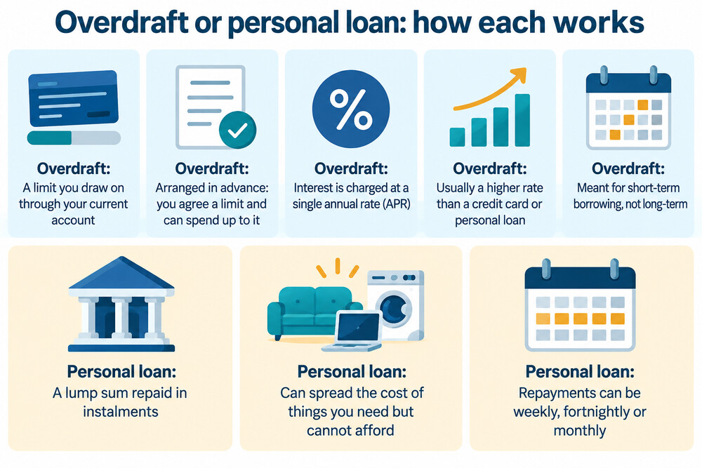 A side-by-side comparison of an overdraft limit attached to a current account and a personal loan paid as a lump sum