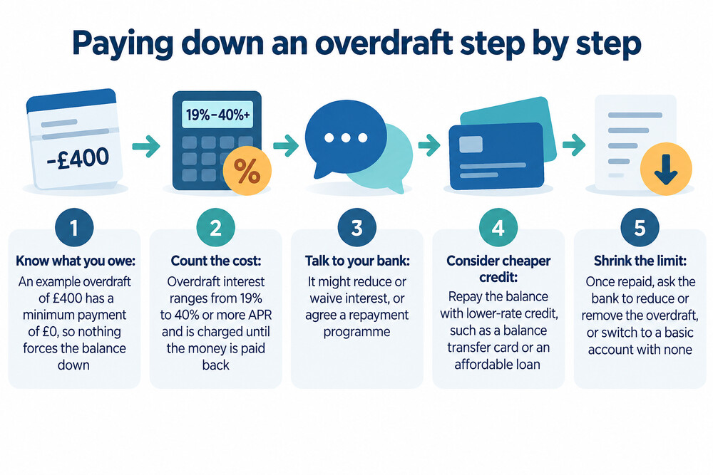 A household budget laid out to show money coming in, spending, and a set amount each month going to reduce an overdraft