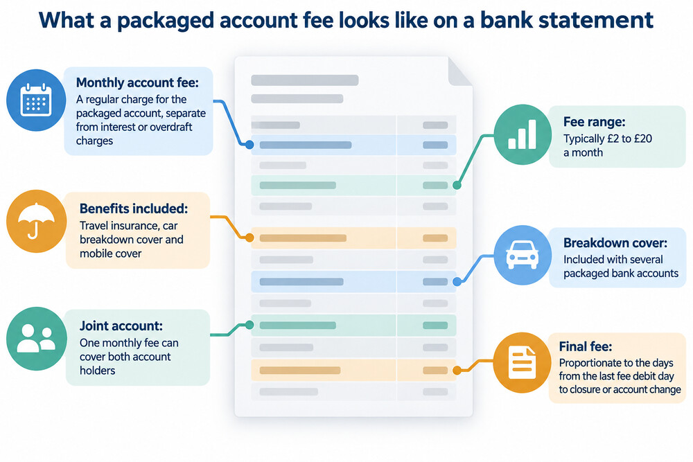 A bank statement showing a monthly packaged account fee alongside the account's ordinary transactions