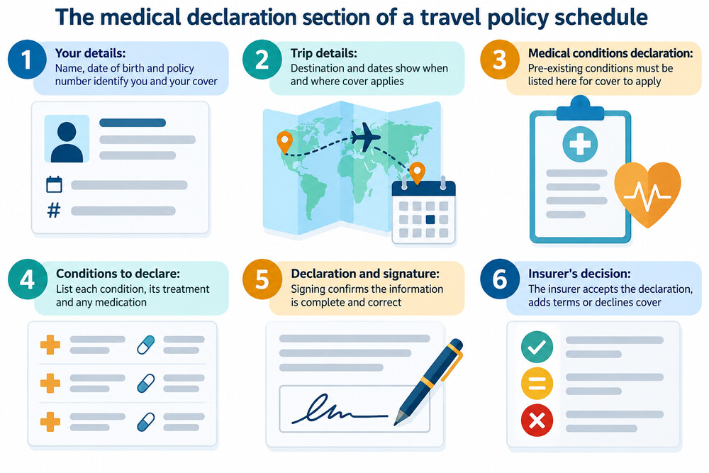A travel insurance policy schedule showing the medical conditions declaration section
