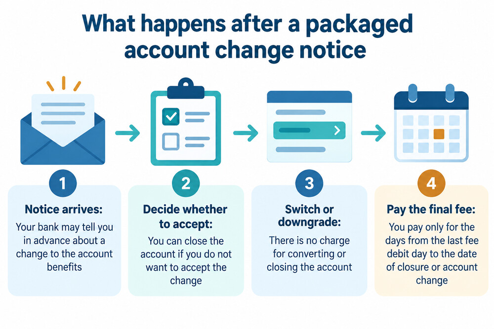 A timeline of packaged account fee and benefit changes through late 2026