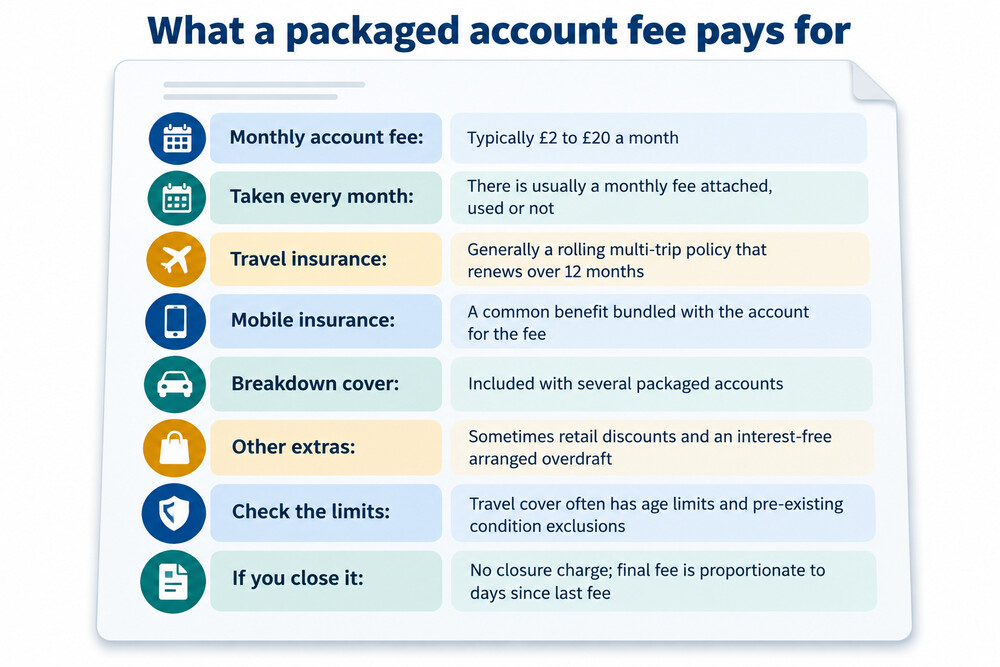 A packaged bank account shown as a monthly fee buying a bundle of insurance benefits