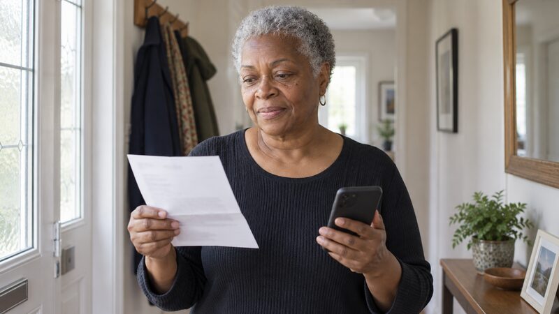 A woman stands in a hallway, comparing a letter and a smartphone before making a transfer.