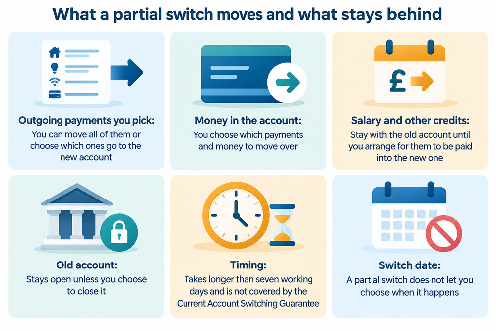 A diagram-style illustration showing Direct Debits and standing orders moving from an old bank account to a new one, while the balance and incoming salary stay behind in the old account