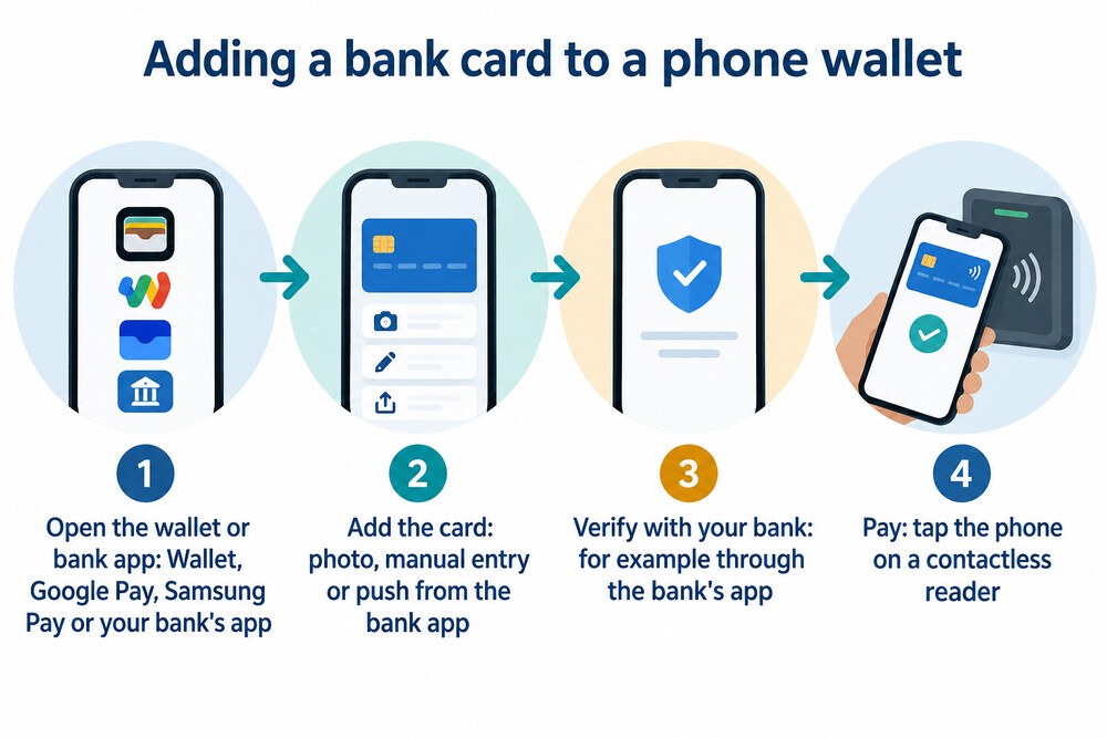 Four steps to adding a bank card to a phone wallet, from opening the wallet to making a first payment