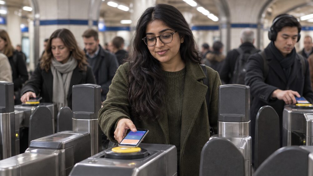 A woman holds her phone to a contactless reader at a Tube barrier as commuters pass.