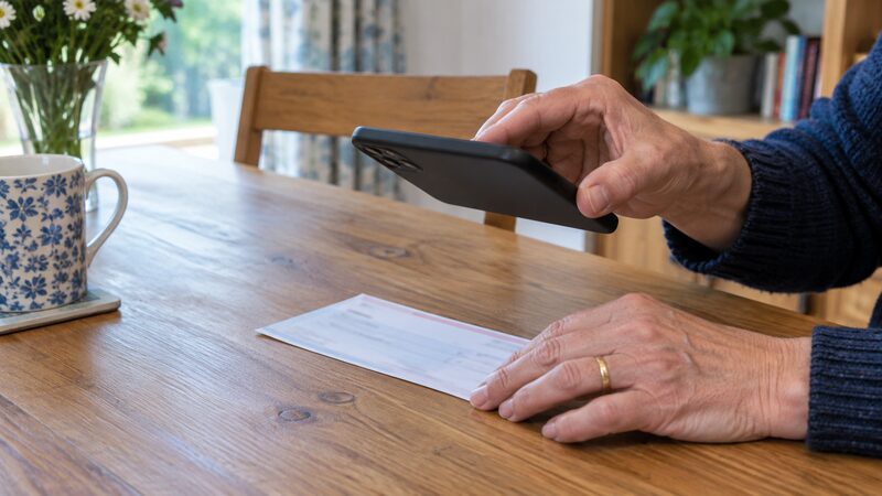 Close-up of hands photographing a paper cheque with a smartphone on a wooden table.