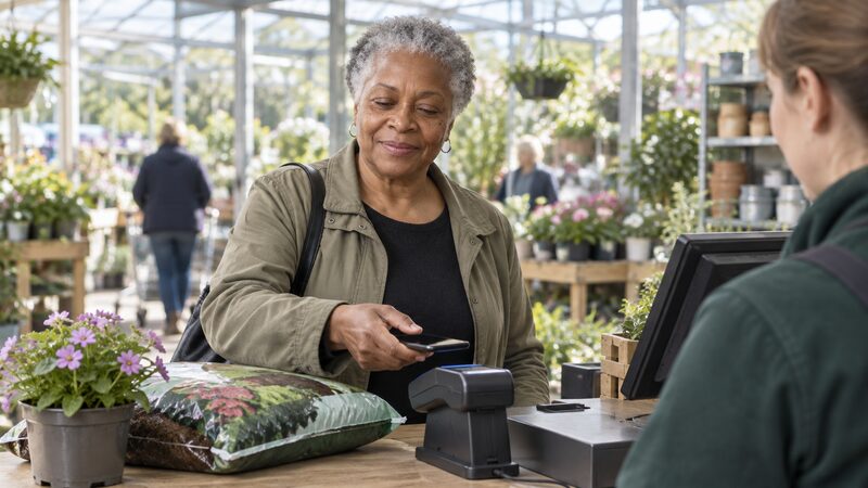 A shopper holding a phone over a card reader at a supermarket till